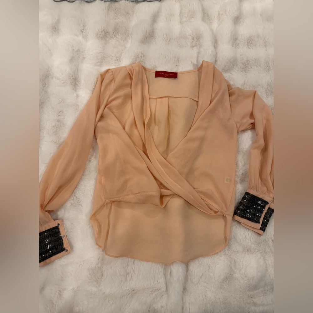 AKIRA Peach Wrap Blouse with Black Sequin Cuffs